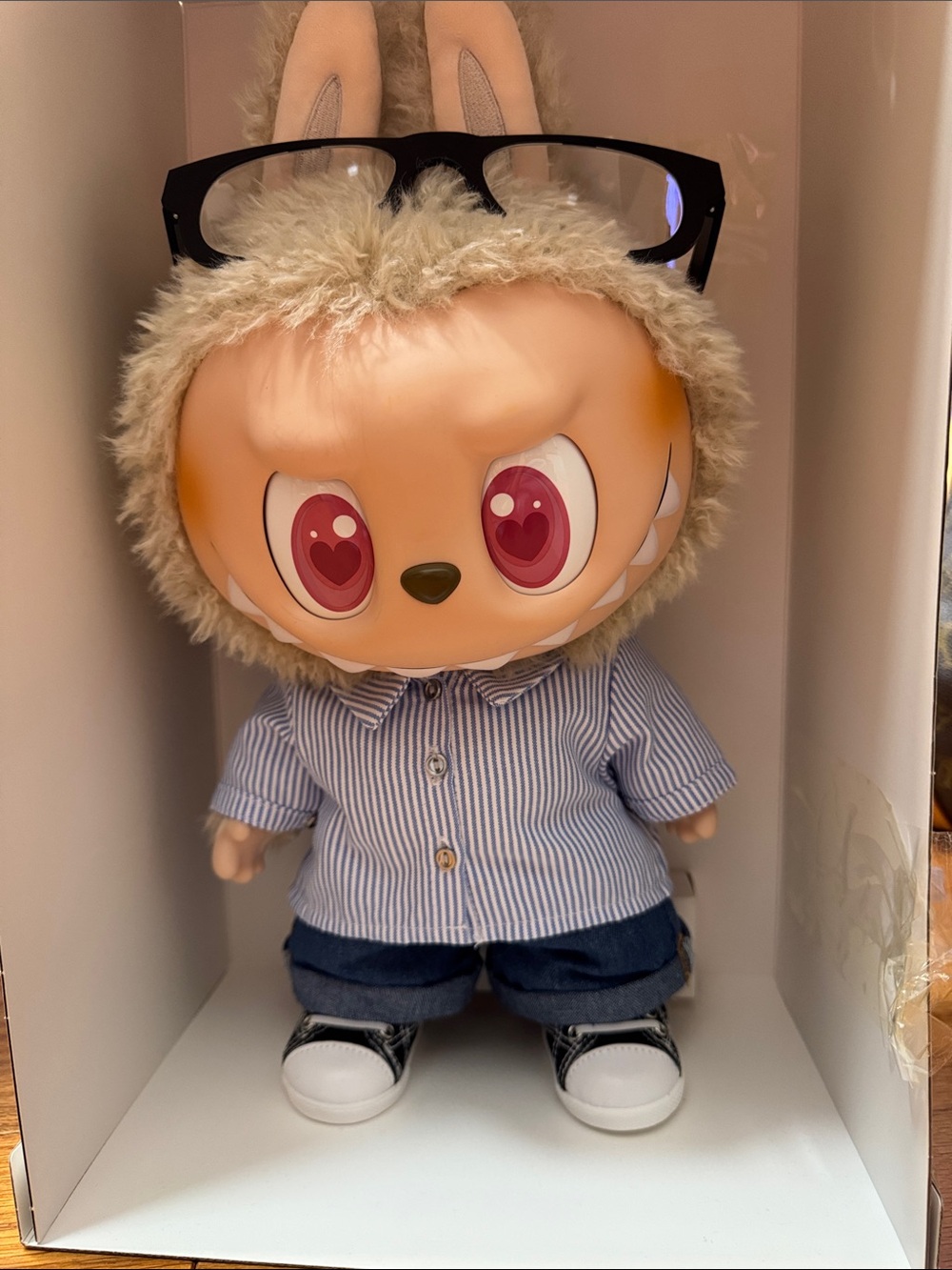 Labubu Plush Display Shelf Accent - Cream Fur Character in Blue Outfit